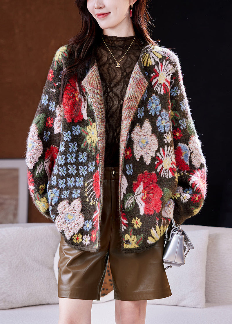 Jacquard Coffee O-neck Button Patchwork Wool Knit Coat Spring