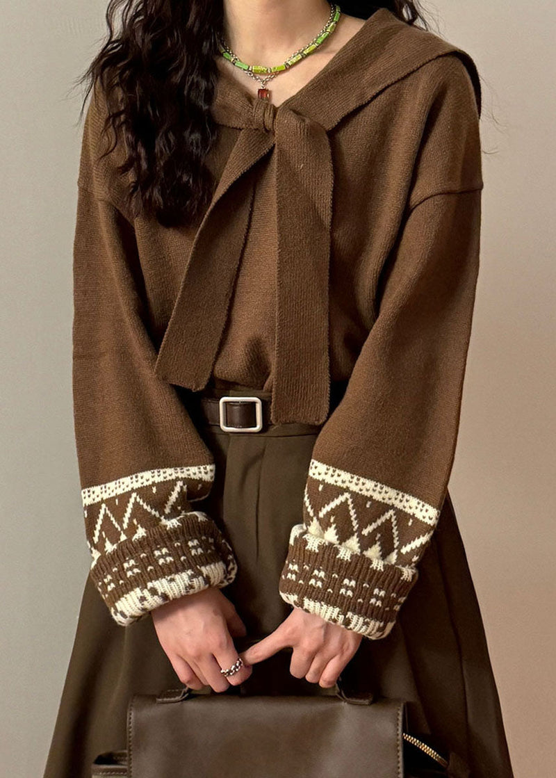 Jacquard Coffee Sailor Collar Lace Up Knit Sweater Spring