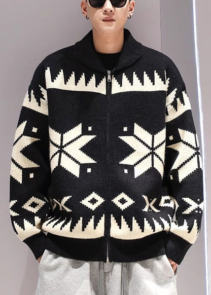 Jacquard Coffee Zip Up Cozy Knit Coat Spring