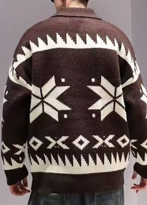 Jacquard Coffee Zip Up Cozy Knit Coat Spring