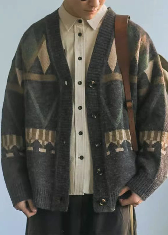 Jacquard Dark Gray V Neck Button Knit Coat Spring