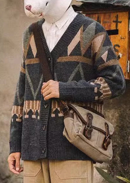 Jacquard Dark Gray V Neck Button Knit Coat Spring