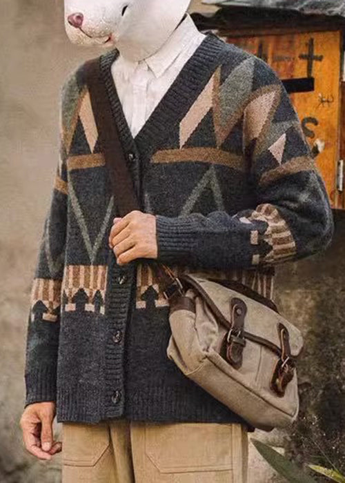 Jacquard Dark Gray V Neck Button Knit Coat Spring
