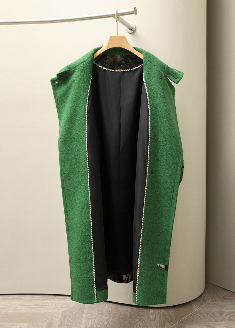 Jacquard Green Notched Tie Waist Woolen Long Coats Fall