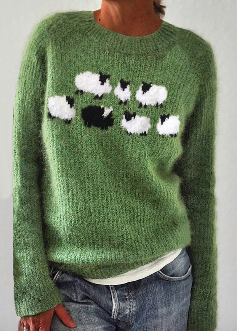 Jacquard Green O-neck Cozy Knit Sweaters Fall
