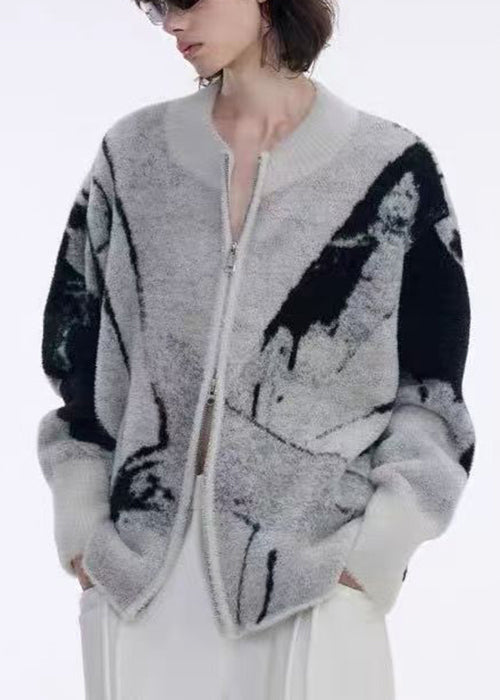 Jacquard Grey Asymmetrical Zip Up Patchwork Knit Cardigans Fall