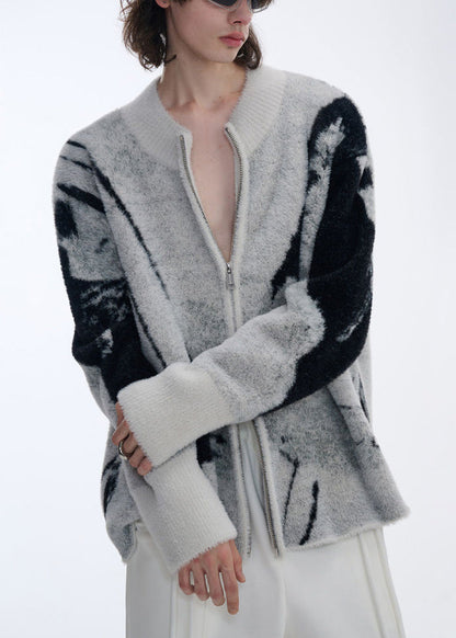 Jacquard Grey Asymmetrical Zip Up Patchwork Knit Cardigans Fall