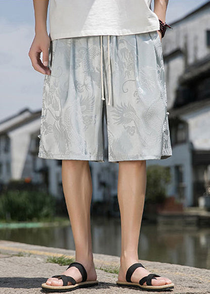 Jacquard Grey Button Side Open Elastic Waist Ice Silk Shorts Summer