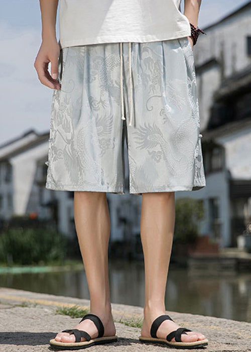 Jacquard Grey Button Side Open Elastic Waist Ice Silk Shorts Summer