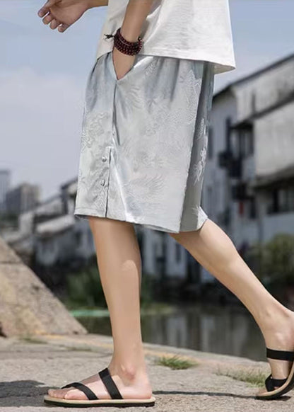 Jacquard Grey Button Side Open Elastic Waist Ice Silk Shorts Summer