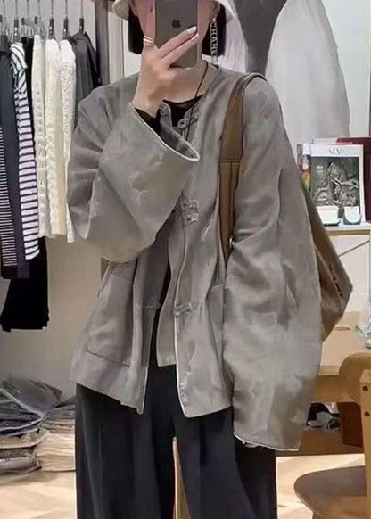 Jacquard Grey O-neck Pockets Coats Spring