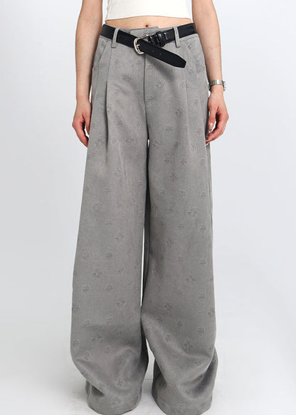 Jacquard Grey Pockets High Waist Cotton Wide Leg Pants Spring