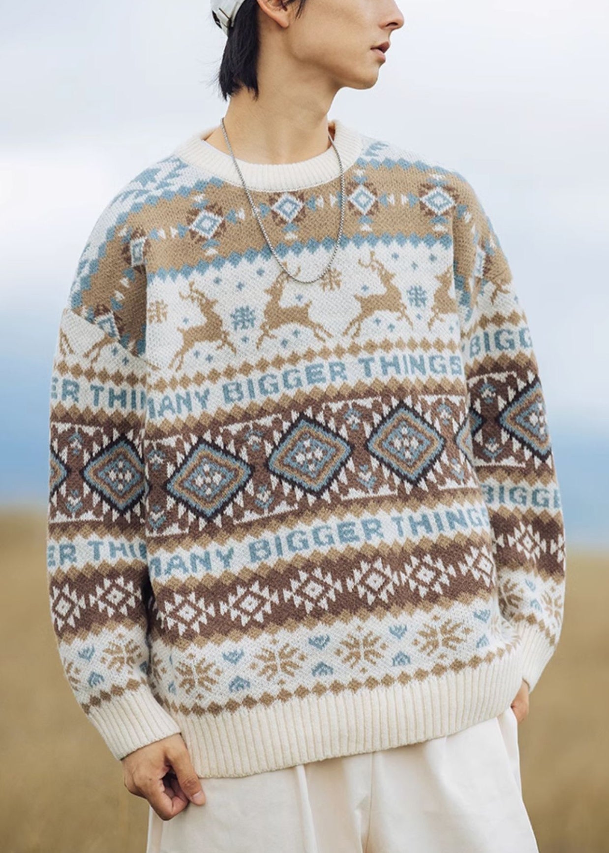 Jacquard Khaki O Neck Cozy Knit Sweater Tops Winter
