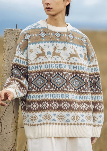 Jacquard Khaki O Neck Cozy Knit Sweater Tops Winter