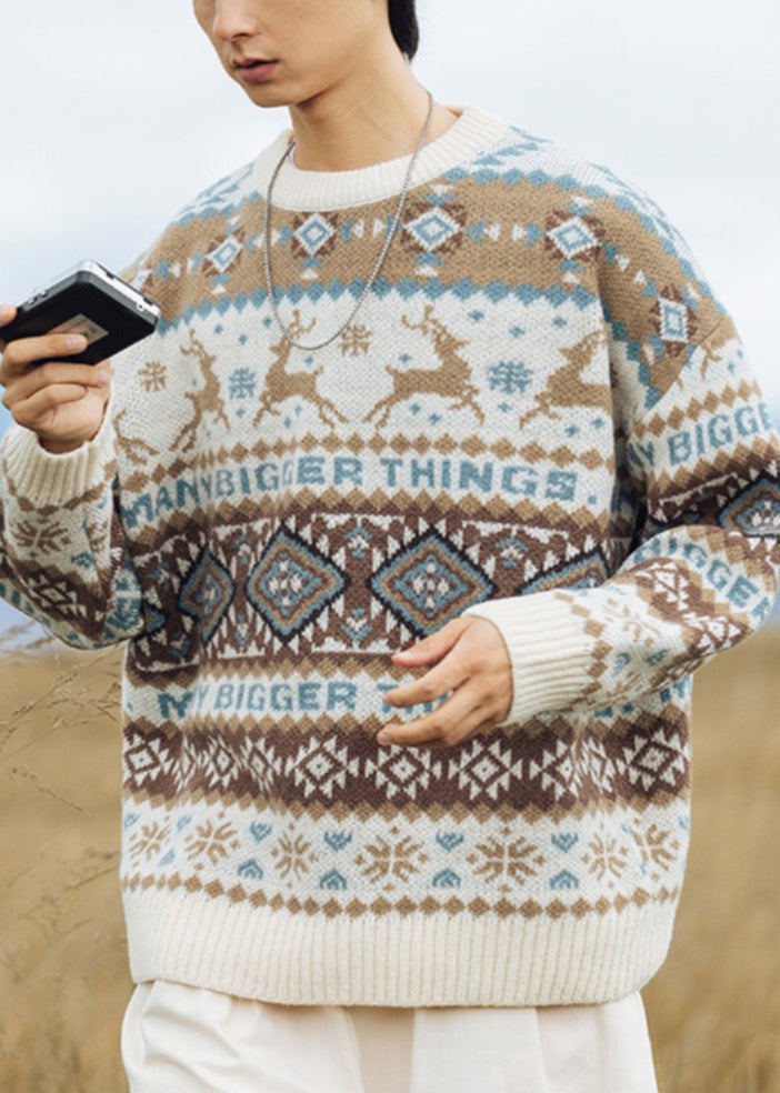 Jacquard Khaki O Neck Cozy Knit Sweater Tops Winter