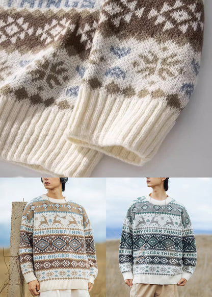 Jacquard Khaki O Neck Cozy Knit Sweater Tops Winter