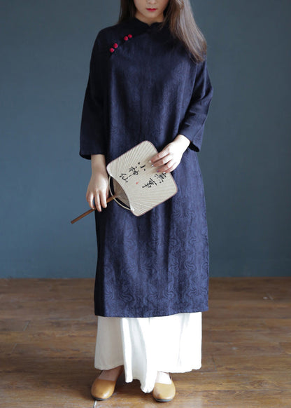 Jacquard Navy Blue Stand Collar Embroideried Button Maxi Dresses Spring
