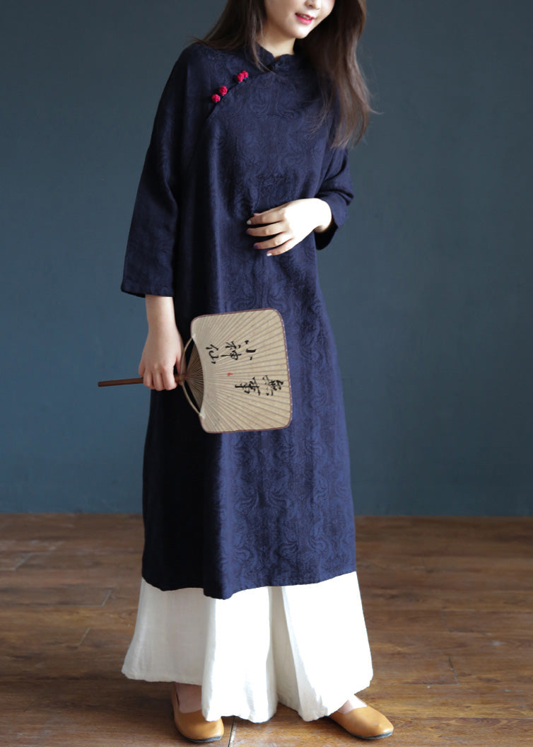 Jacquard Navy Blue Stand Collar Embroideried Button Maxi Dresses Spring