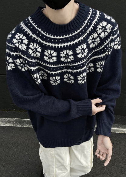 Jacquard Navy O-neck Cozy Knit Sweater Spring