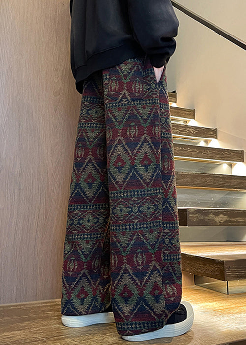 Jacquard Navy Pockets Elastic Waist Warm Fleece Pants Winter