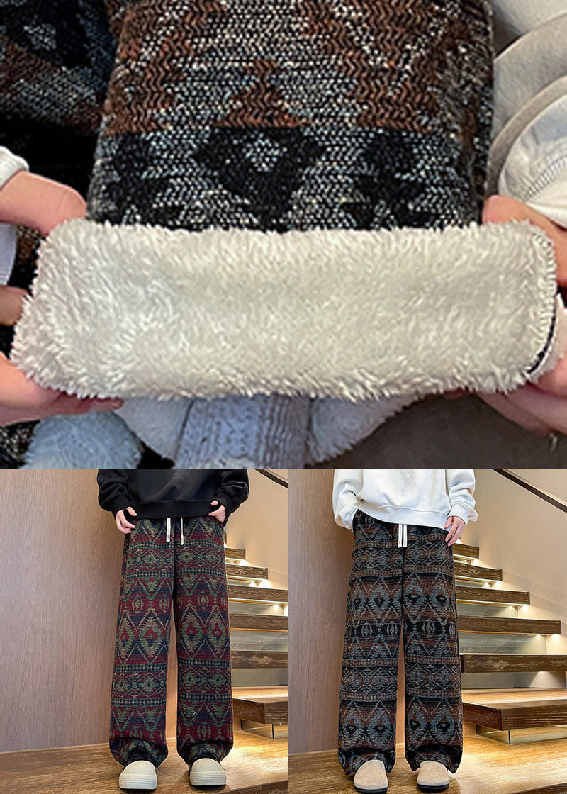 Jacquard Navy Pockets Elastic Waist Warm Fleece Pants Winter