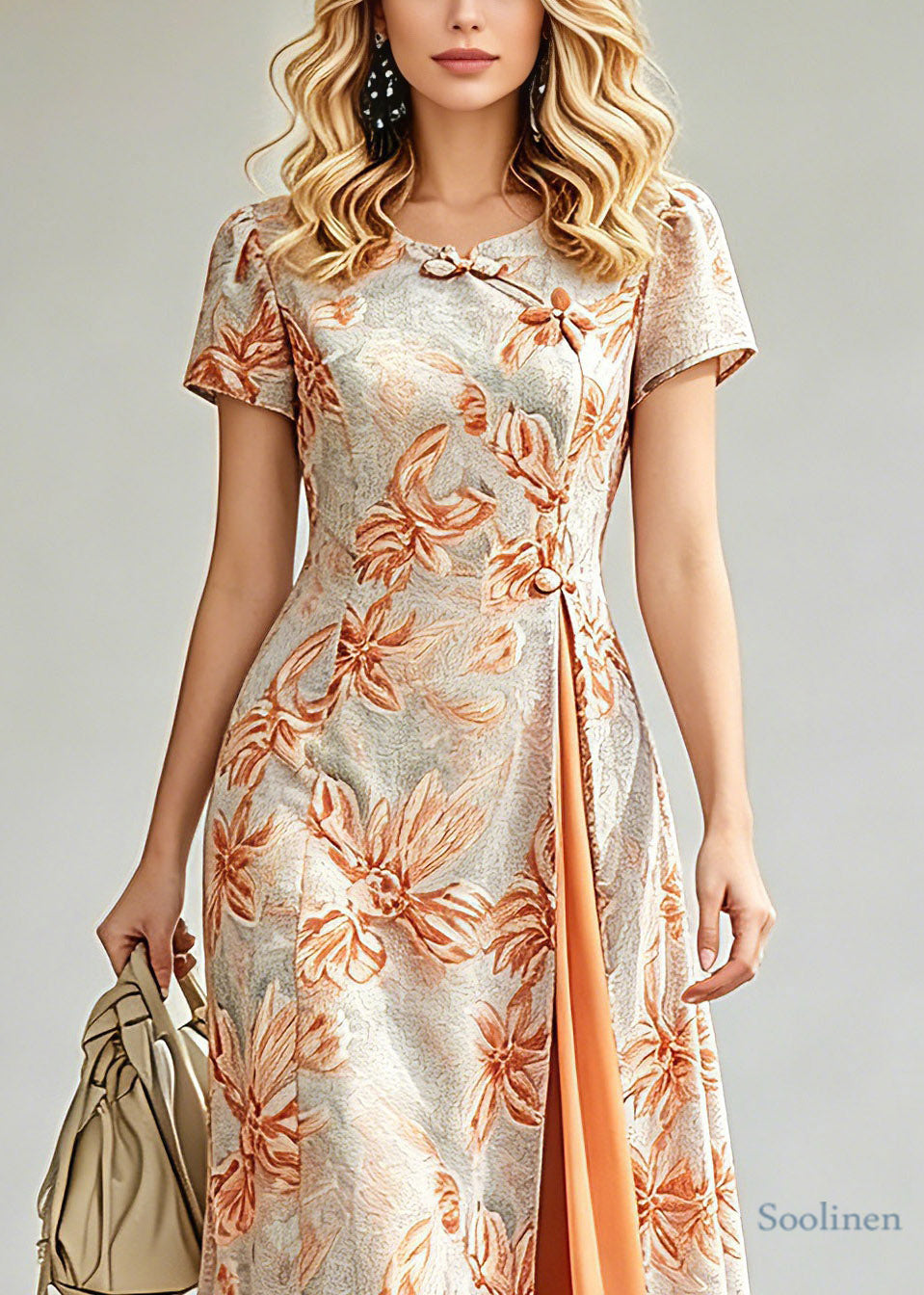 Jacquard Orange O-neck Asymmetrical Long Dresses Short Sleeve
