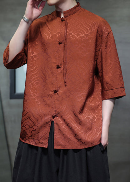 Jacquard Orange Stand Collar Chinese Button Ice Silk Shirts Summer