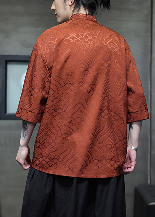 Jacquard Orange Stand Collar Chinese Button Ice Silk Shirts Summer