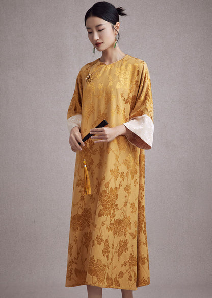 Jacquard Pink O-neck Pockets Button Long Dresses Long Sleeve