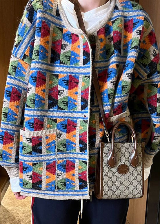 Jacquard Plaid Pockets Patchwork Knit Coat Spring