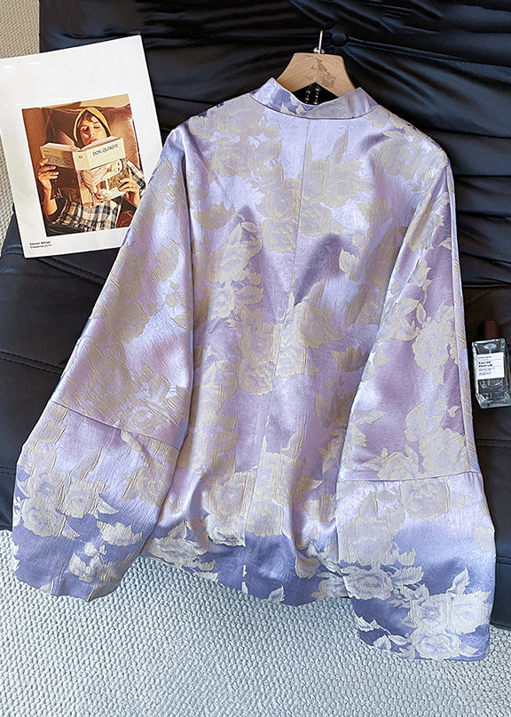 Jacquard Purple Stand Collar Button Silk Coat Fall