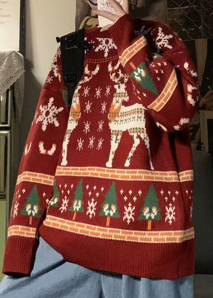 Jacquard Red O Neck Cozy Christmas Knit Sweater Winter