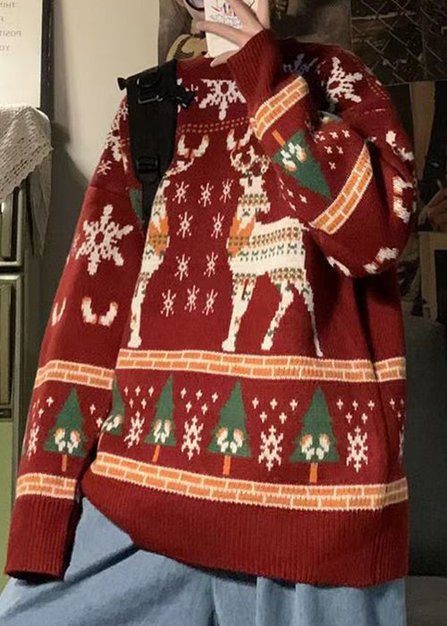 Jacquard Red O Neck Cozy Christmas Knit Sweater Winter