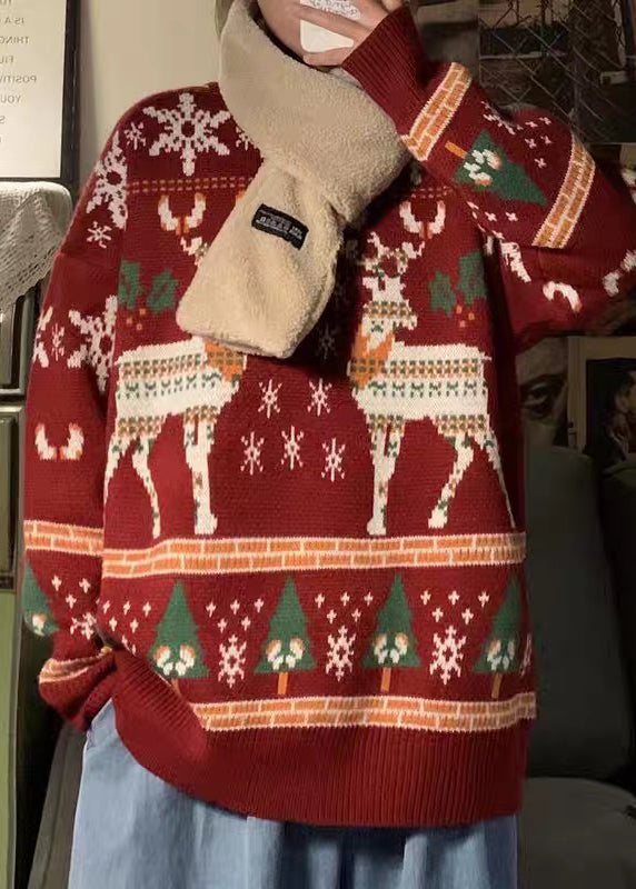 Jacquard Red O Neck Cozy Christmas Knit Sweater Winter