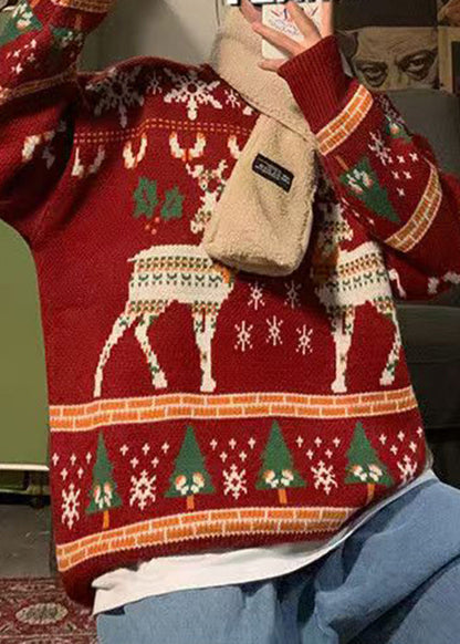 Jacquard Red O Neck Cozy Christmas Knit Sweater Winter
