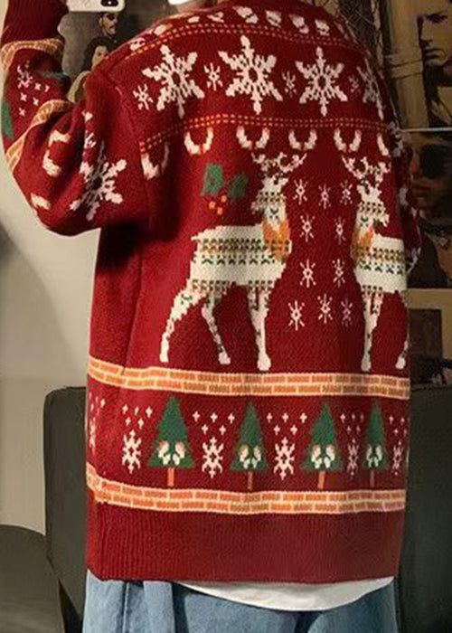 Jacquard Red O Neck Cozy Christmas Knit Sweater Winter