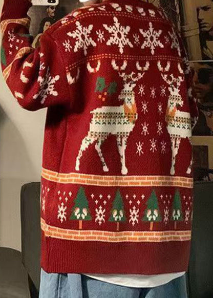 Jacquard Red O Neck Cozy Christmas Knit Sweater Winter