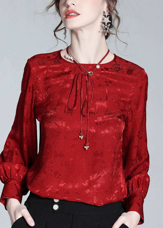 Jacquard Red O-neck Neck Tiie Silk Shirt Spring