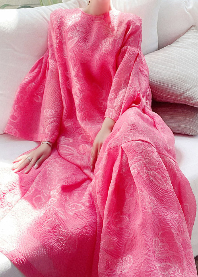 Jacquard Red O-neck Silk Maxi Dress Flare Sleeve