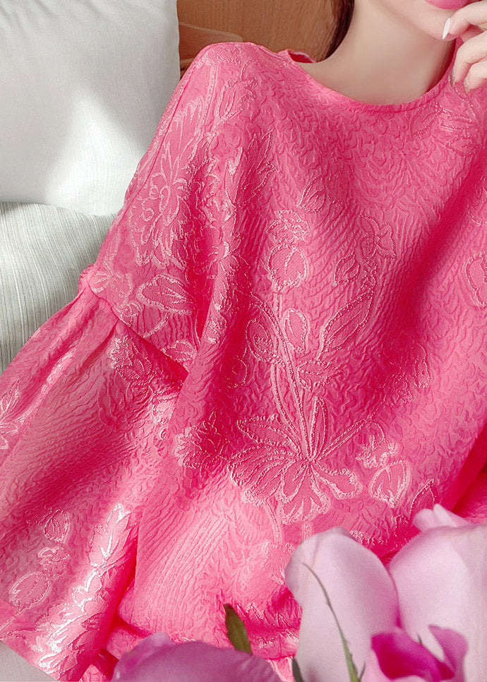 Jacquard Red O-neck Silk Maxi Dress Flare Sleeve