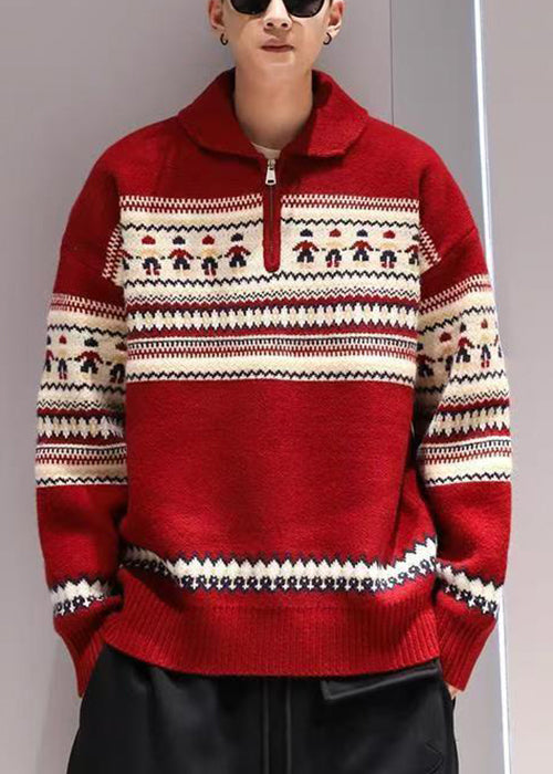 Jacquard Red Peter Pan Collar Zip Up Knit Sweater Tops Winter
