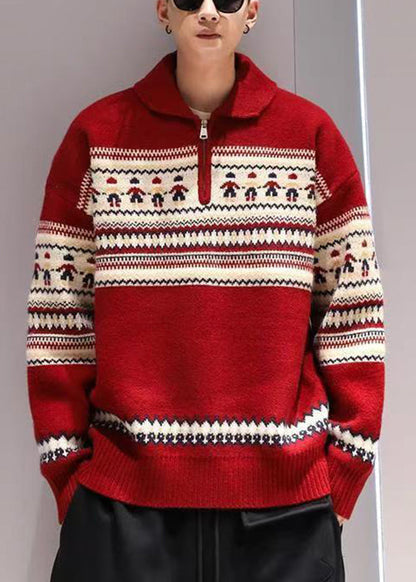 Jacquard Red Peter Pan Collar Zip Up Knit Sweater Tops Winter