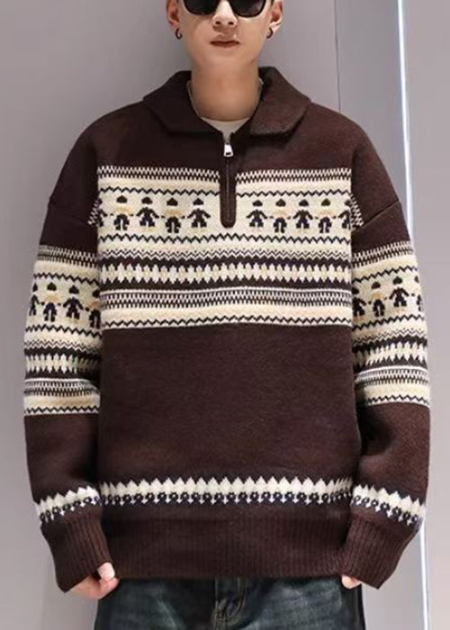 Jacquard Red Peter Pan Collar Zip Up Knit Sweater Tops Winter