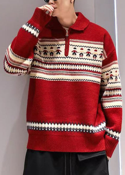Jacquard Red Peter Pan Collar Zip Up Knit Sweater Tops Winter