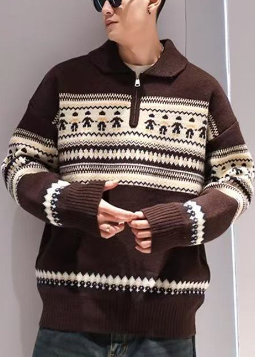 Jacquard Red Peter Pan Collar Zip Up Knit Sweater Tops Winter