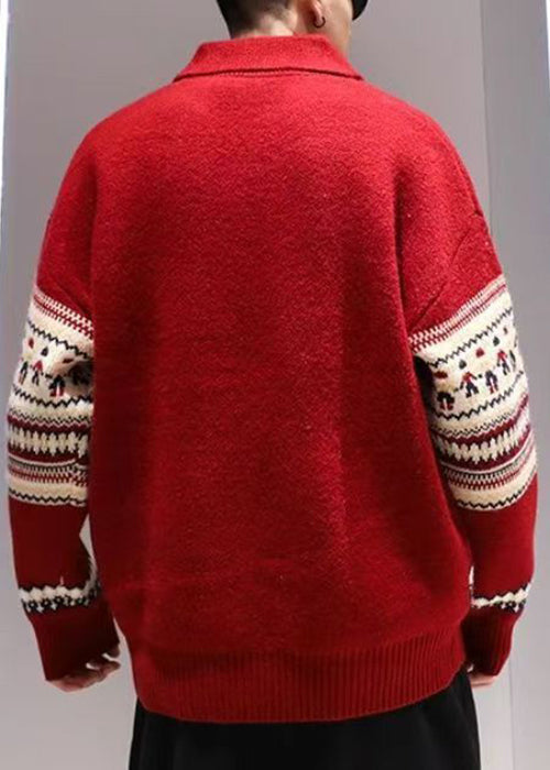 Jacquard Red Peter Pan Collar Zip Up Knit Sweater Tops Winter