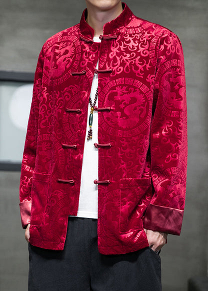 Jacquard Red Pockets Button Silk Velour Coats Spring
