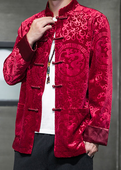 Jacquard Red Pockets Button Silk Velour Coats Spring