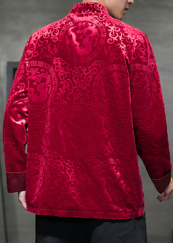 Jacquard Red Pockets Button Silk Velour Coats Spring