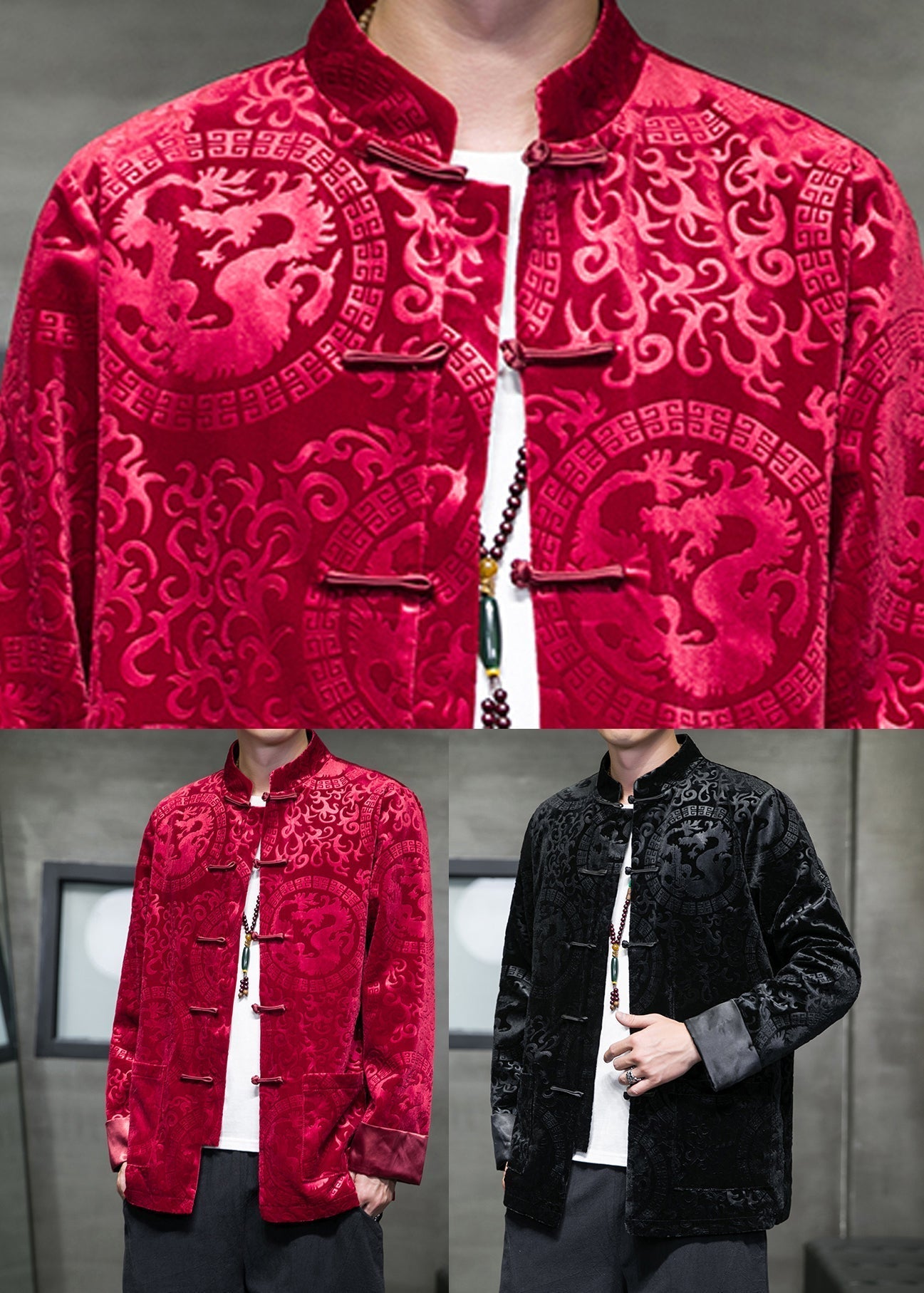 Jacquard Red Pockets Button Silk Velour Coats Spring